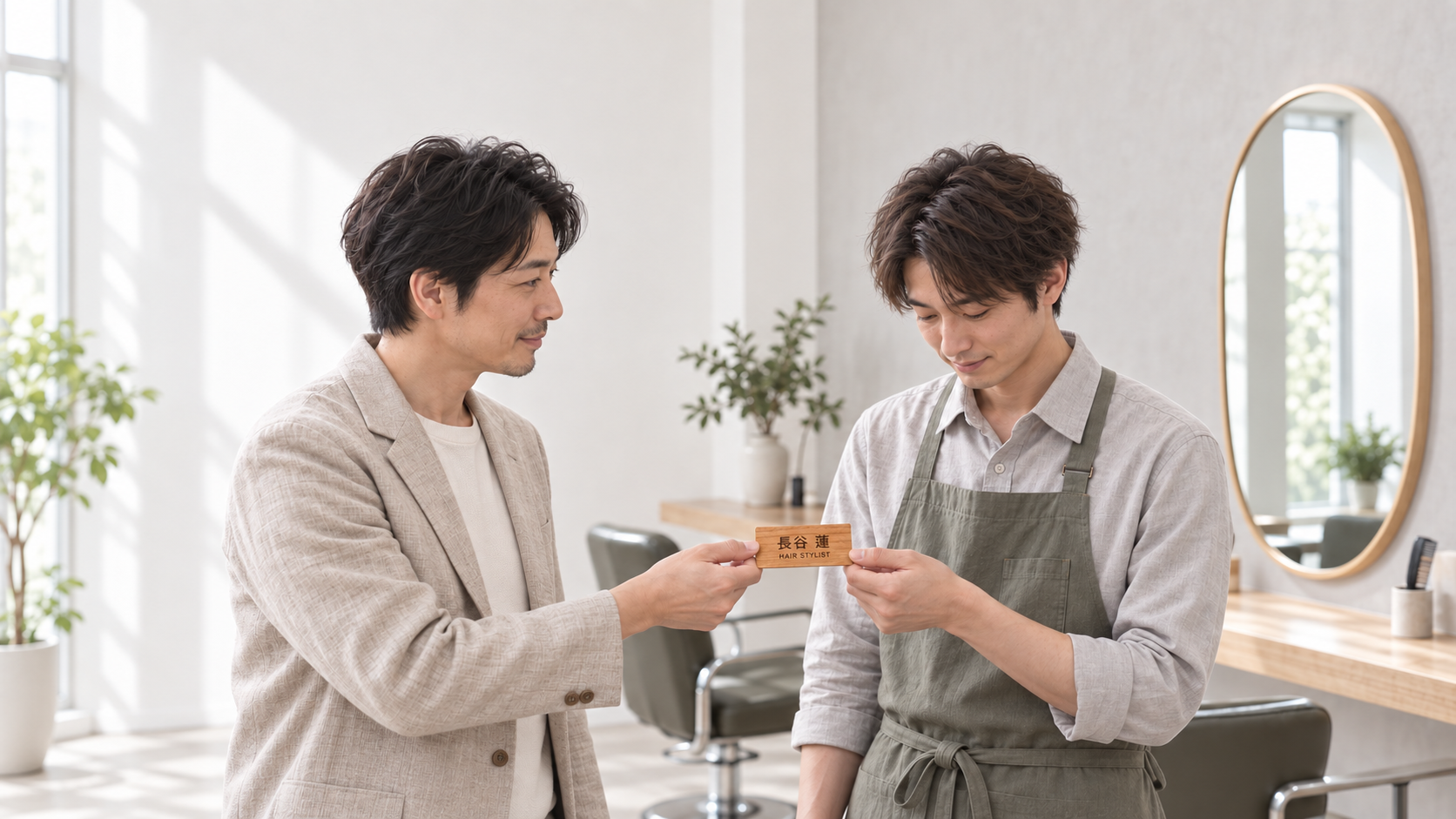 美容室の出会いで、名前と職種を刻印した木の名刺を交換する、架空の日本人2人のイメージ